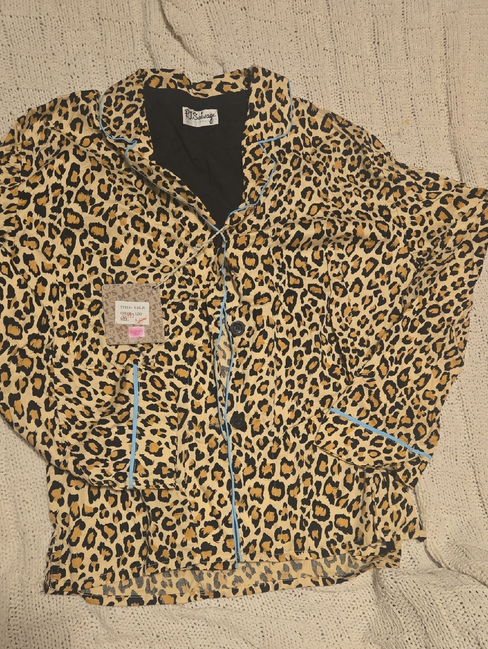PJ salvage leopard Print  Pajama Shirt with Light Blue Piping L style CALP-PJ